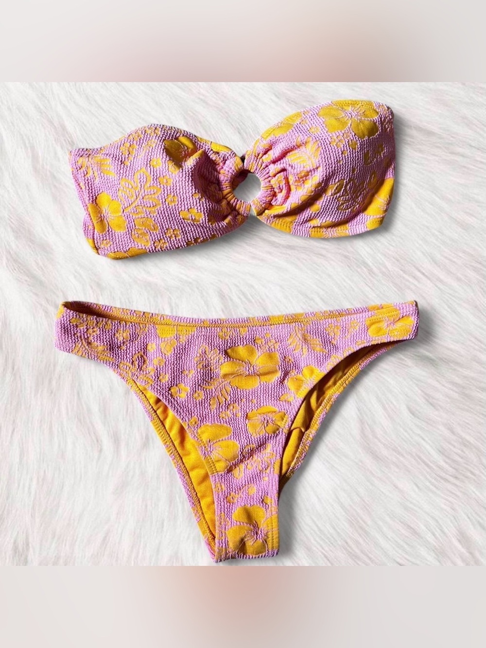 Floral Textured Bandeau Bikini Set in Pink  & Yellow